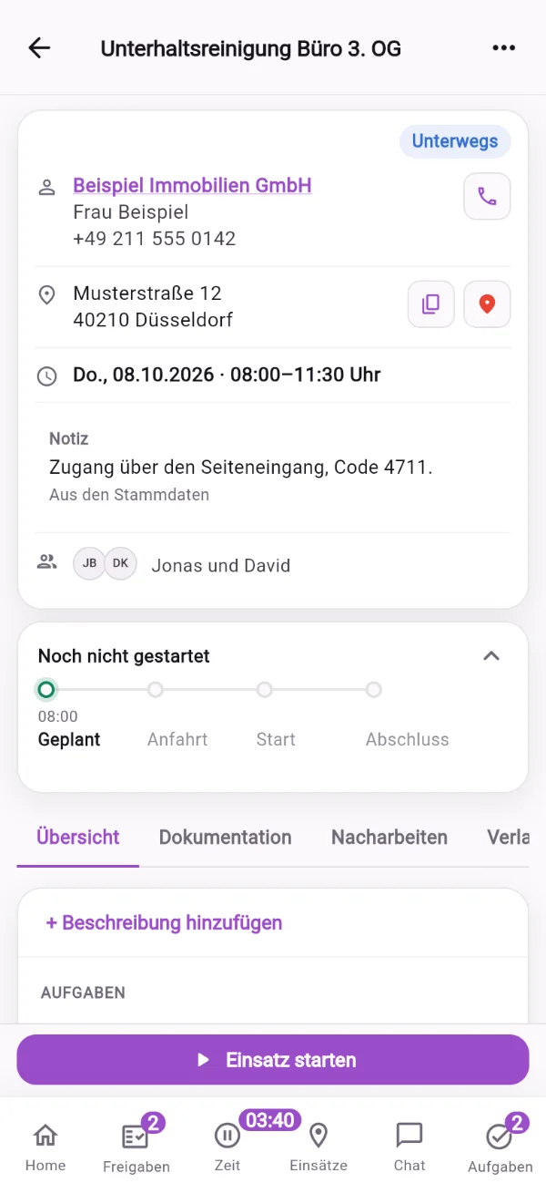 Einsatzseite auf dem Handy mit Zeitleiste, Fotos und Notizen