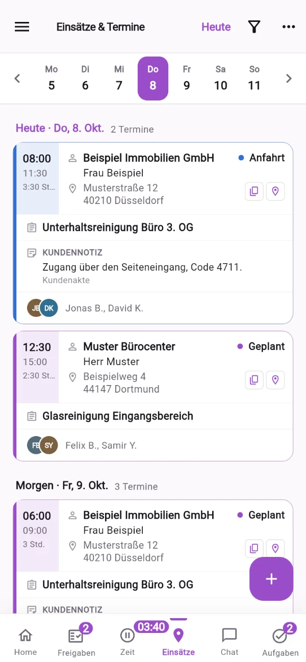 Tagesliste der Einsätze auf dem Handy mit Objekt, Kundennotiz und Team