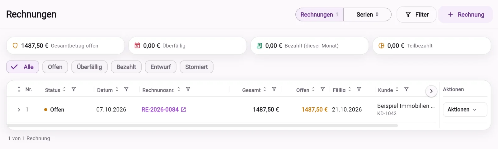 Rechnungsliste in Kyro mit offenen Beträgen und Fälligkeit